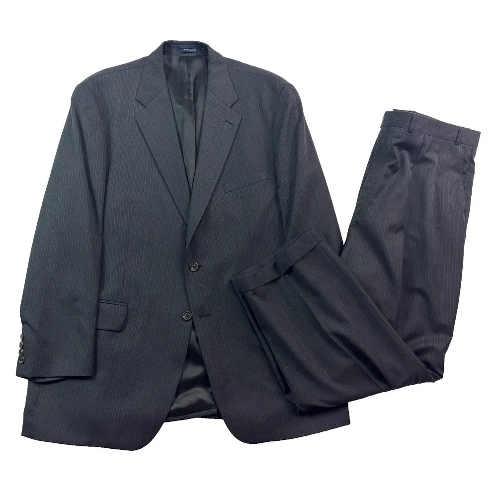 vtg Chaps Ralph Lauren 48L 40x30 Charcoal Pinstripe 2pc Pant Suit Pleated Cuffed